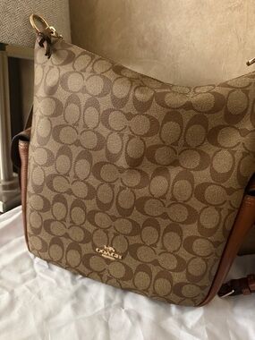 Coach Brown Signature Canvas Shoulder Bag with Leather Trim
